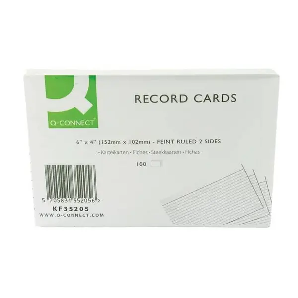 Image of Q-Connect Feint Ruled Record Cards 152x102mm - White (Pack of 100) - KF35205