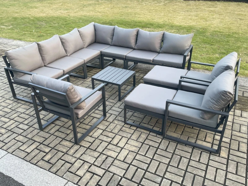Image of Fimous Aluminium Outdoor Garden Furniture Set Lounge Corner Sofa 3 Pcs Chair Square Coffee Table Sets with 2 Big Footstools Dark Grey Dark Grey Unisex
