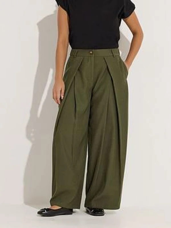 Image of PixieGirl Womens Petite Pleated Wide Leg Trousers in Olive Size: 18S Olive Female 18S