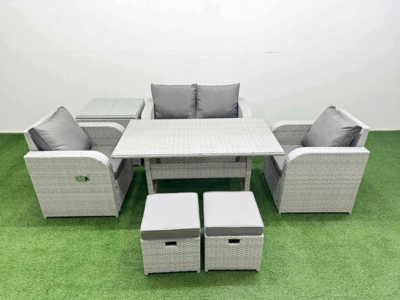 Image of Fimous Light Grey PE Wicker Rattan Garden Furniture Set Sofa Set Reclining Chair Rectangular Dining Table 6 Seater 2 Small Stools Side Table Light Gre
