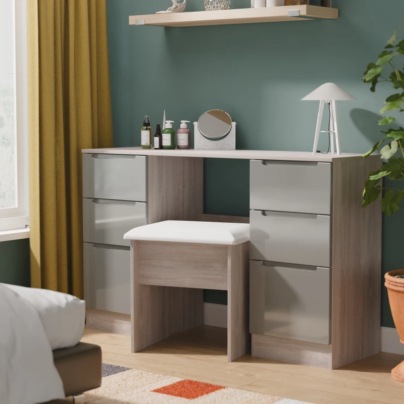 Image of Welcome Furniture Ltd Milan 6 Drawer Double Pedestal Desk in Grey Gloss & Grey Oak - Ready Assembled, Grey MIL030GGGO