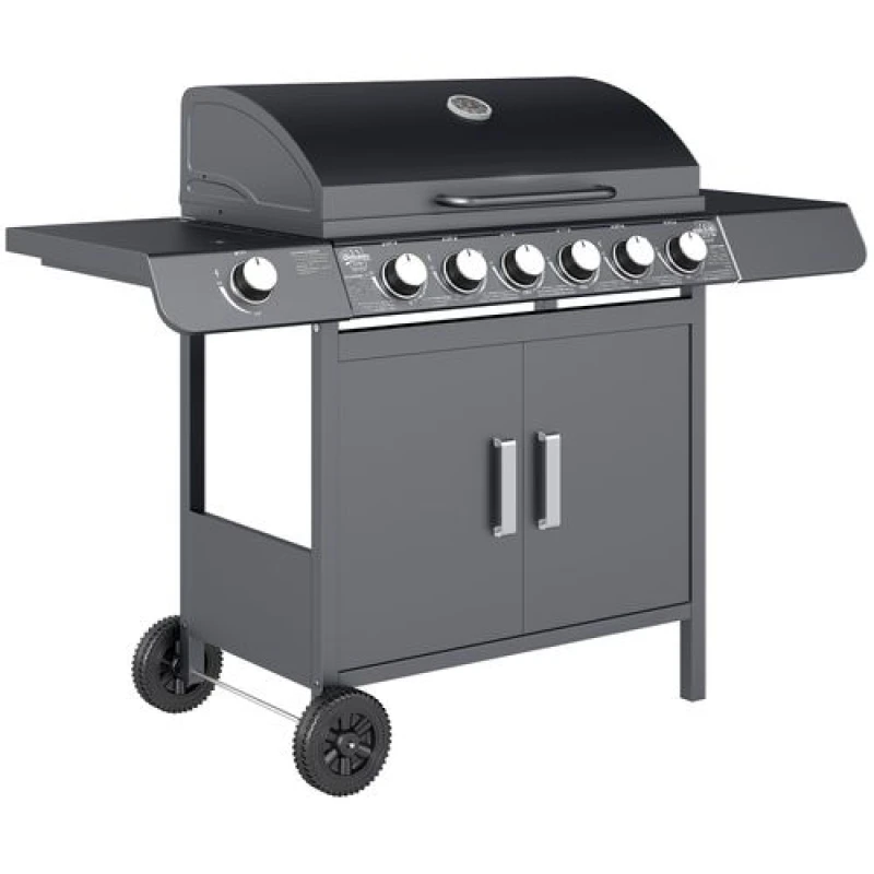 Image of Outsunny 6+1 Burner Gas BBQ Grill Garden Barbecue with Wheels, Cabinet Grey 846-065V70GY