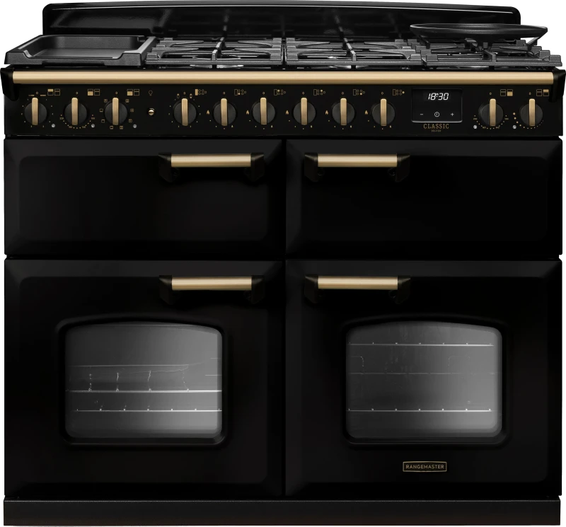 Image of Rangemaster Classic Deluxe 110 CLDLB110DFPGBL/AB1 110cm wide Dual Fuel Range Cooker with Gas Hob - Black / Antique Brass - A/A/A Rated