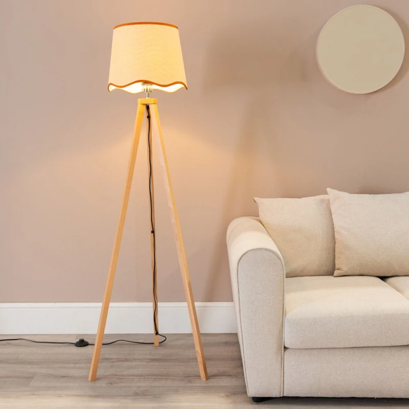 Image of ValueLights Barbro Light Wood Tripod Floor Lamp with Natural Linen Scallop Edge Shade Burnt Orange