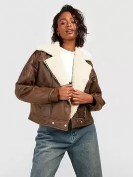 Image of Boohoo Vintage Wash Aviator Jacket - Dark Tan, Brown, Size 10, Women