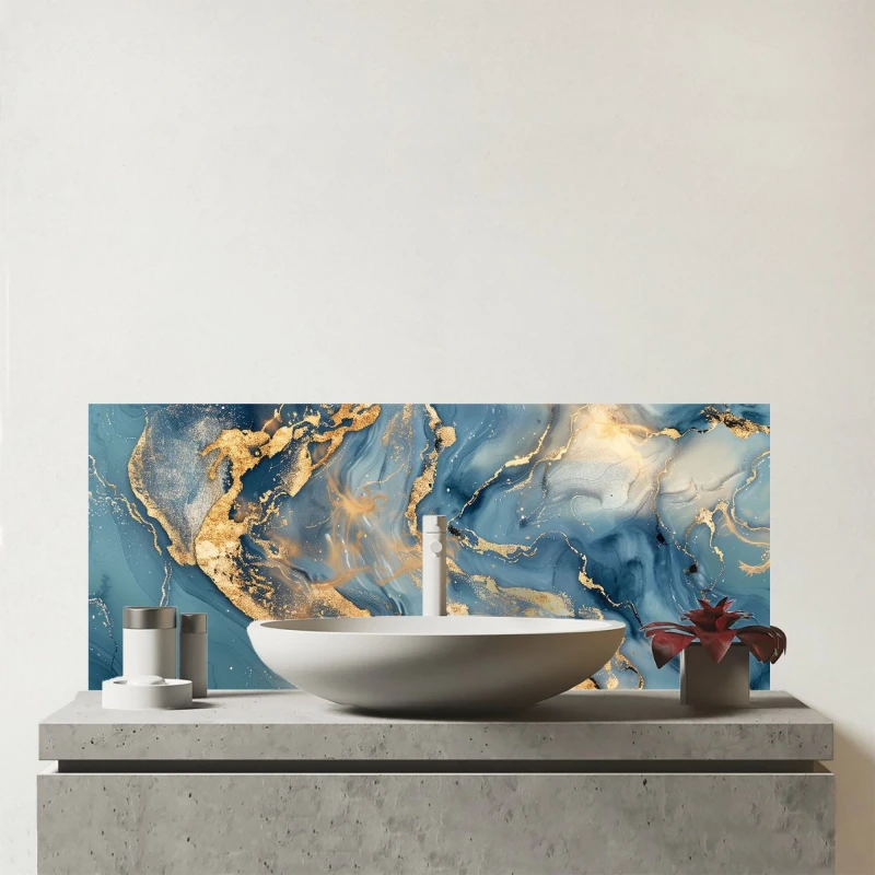 Image of Warren Reed - Designer Azure & Gold Marble Effect Glass Bathroom Splashback in Blue Blue Unisex