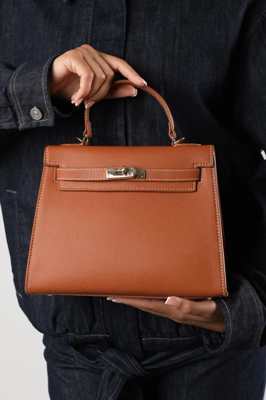 Image of Where's That From Womens 'Lluvia' Top Handle Satchel Mini Tote Bag with Turn-Lock Closure in Tan Tan Female