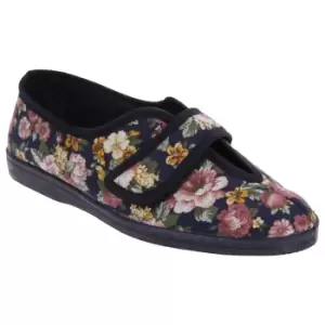 Image of Sleepers Womens/Ladies Wilma Touch Fastening V Opening Floral Casual Cotton Slippers (5 UK) (Navy Blue)