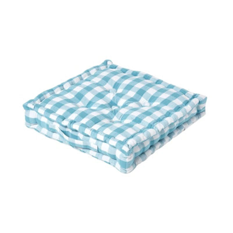 Image of Homescapes Blue Block Check Cotton Gingham Floor Cushion, 40 X 40 Cm