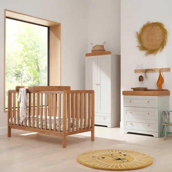 Image of Tutti Bambini 3 Piece Oak Malmo Cot Bed and Rio Furniture Set Beige