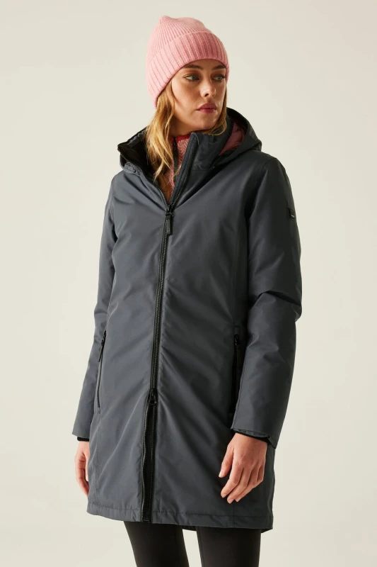 Image of Regatta Womens Marron Longline Hooded Breathable Waterproof Insulated Jacket in Grey Size: 12 Grey Female 12