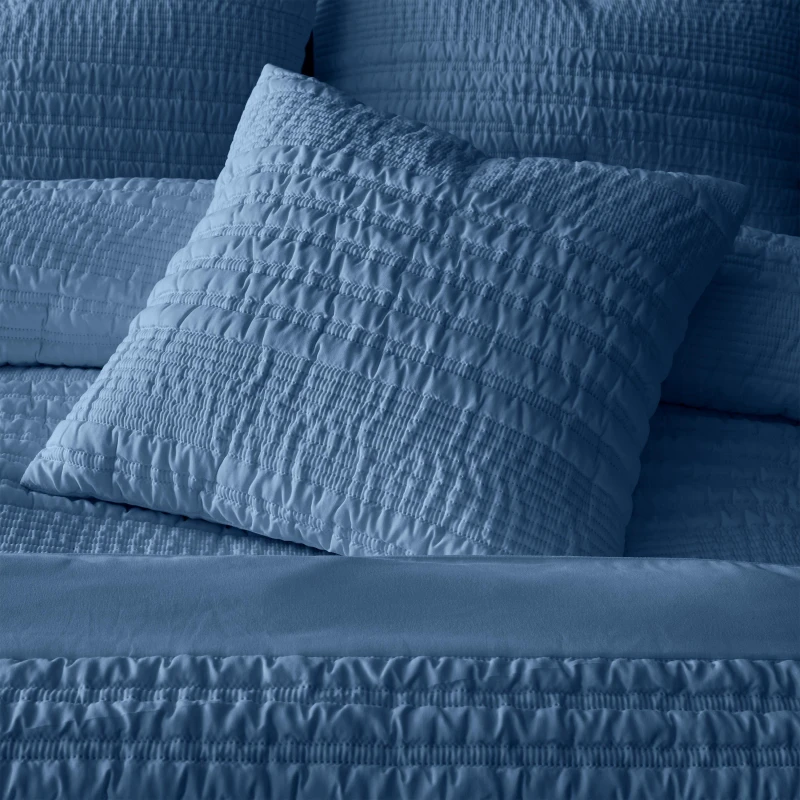 Image of Catherine Lansfield Lennon Stripe Seersucker Cushion Cushions 45x45cm Blue 42482618045