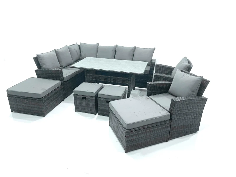 Image of Fimous Outdoor Furniture Garden Dining Set Rattan Corner Sofa Set with 4 Footstools 2 Armchairs in Dark Grey Dark Grey Unisex