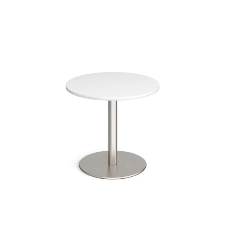 Image of Monza Circular Cafe and Bistro Dining Table with Flat Round Brushed Steel Base - Width 800mm - White - Height - 725mm