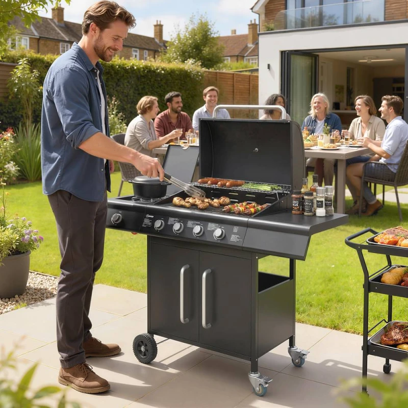 Image of OUTSUNNY Burner Gas BBQ Grill, Gas Barbecue Trolley with Side Table, Black Unisex