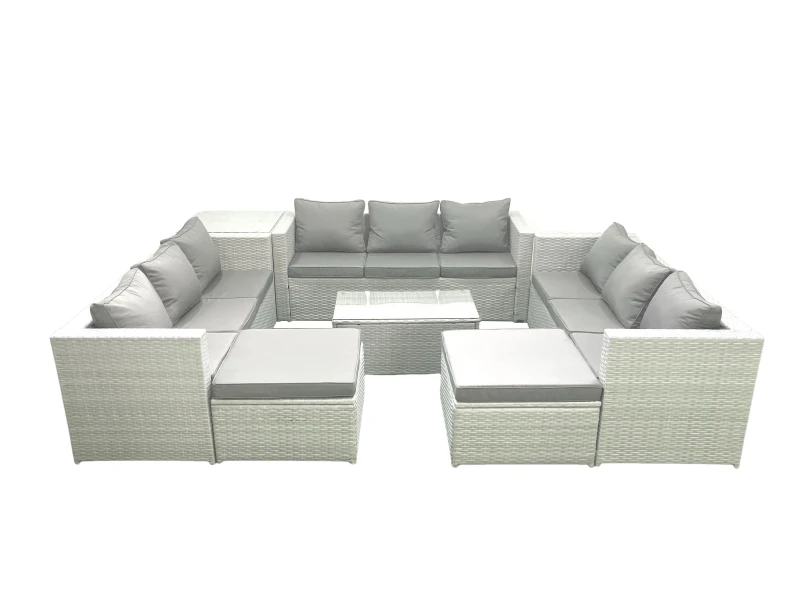 Image of Fimous Rattan Garden Outdoor Furniture Set 11 Seater Garden Sofa Coffee Table Set with 2 Big Footstools Side Table Light Grey Mixed Light Grey