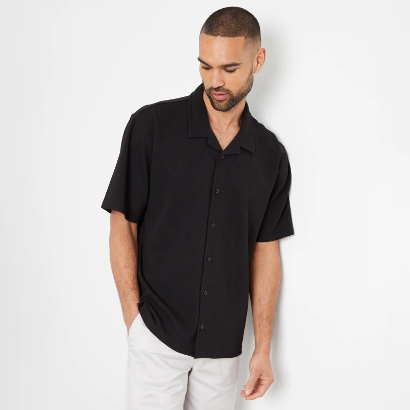 Image of Threadbare Textured Revere Collar Short Sleeve Shirt - Black S