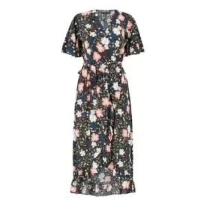 Image of Mela Black Floral Wrap Front Midi Dress - Black