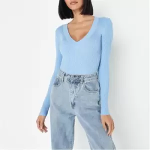 Image of Missguided Rib Knitted V Neck Body - Blue