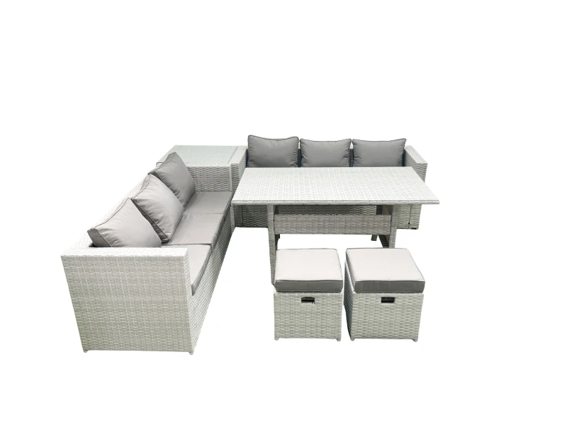 Image of Fimous Rattan Garden Furniture Set 8 Seater Outdoor Sofa Set with Dining Table Side Table 2 Small Footstools Light Grey Mixed Light Grey