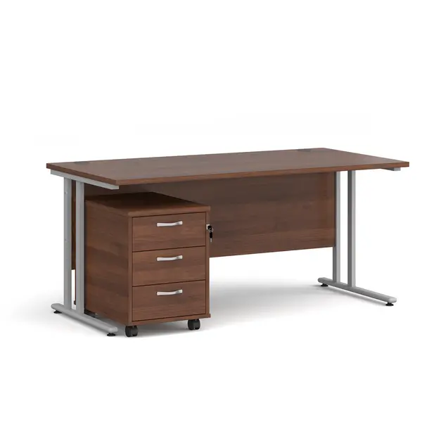 Image of Maestro 25 Straight Desk Silver Frame Walnut Table Top and 3 Drawer Pedestal - 1600mm