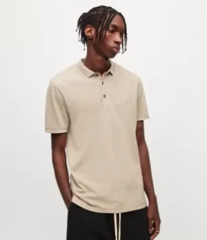 Image of AllSaints Mens Reform Short Sleeve Polo Shirt, Pebblestone Taupe, Size: M