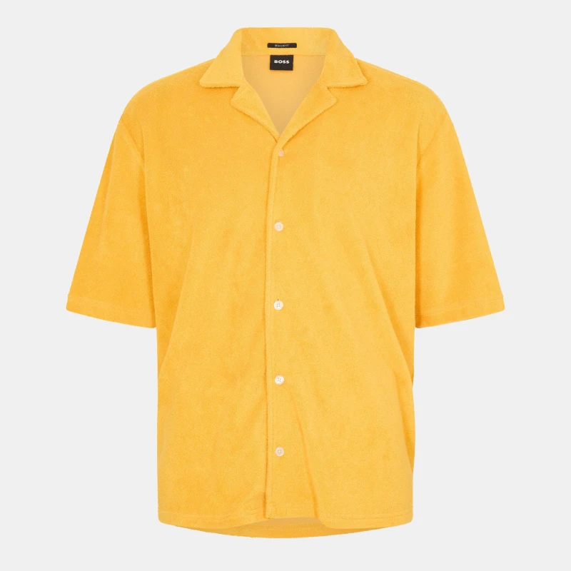 Image of Boss Mens Lars O Patterned Short-Sleeve Shirt Open Yellow male S