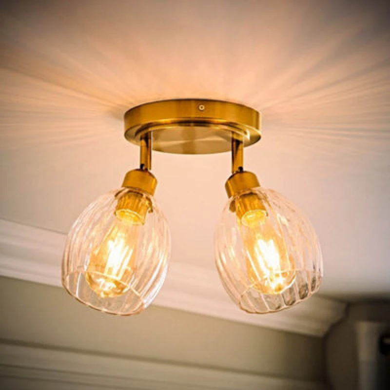 Image of ValueLights ValueLights Cheltenham 2 Way Ribbed Glass Spotlight Flush Ceiling Light and Bulbs in Gold Gold One Size Unisex 5059406071133