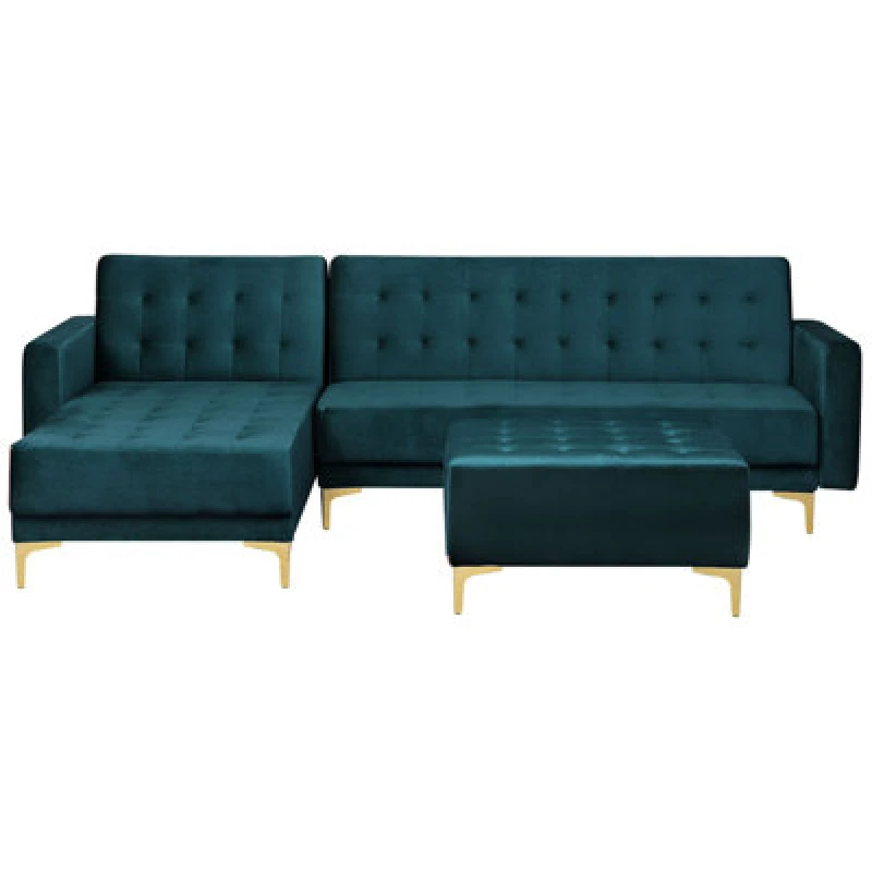 Image of Beliani Modular Corner Sofa Bed 4 Seater Aberdeen Velvet Teal With Ottoman Right Hand