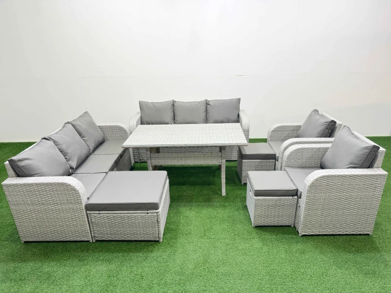 Image of Fimous PE Rattan High Back Lounge Sofa Set Patio Rectangular Dining Table & Chairs Set with 3 Seater Sofa Reclining Chair 3 Stools Light Grey Light Gr
