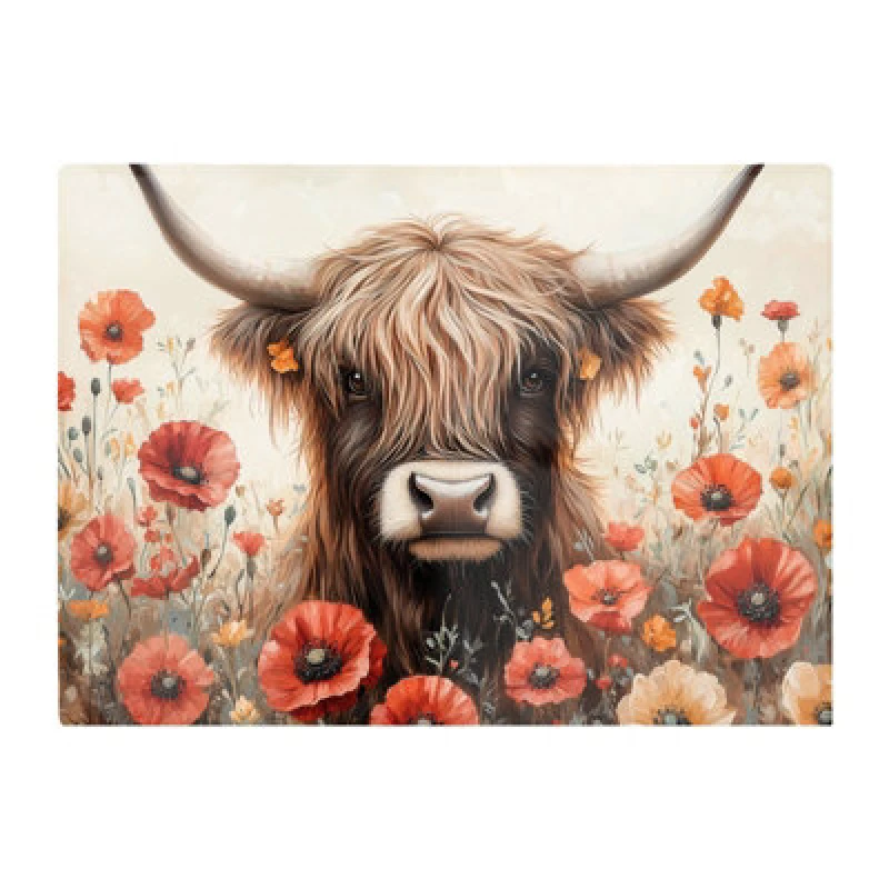Image of Warren Reed Designer Highland Cow And Summer Flowers Glass Chopping Board