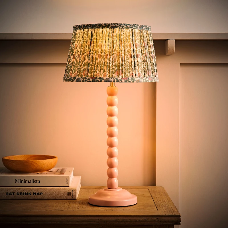 Image of ValueLights Bobbin Bobble Table Lamp with Floral Pleated Taper Lamp Shade & Bulb in Pale Pink Pale Pink Unisex