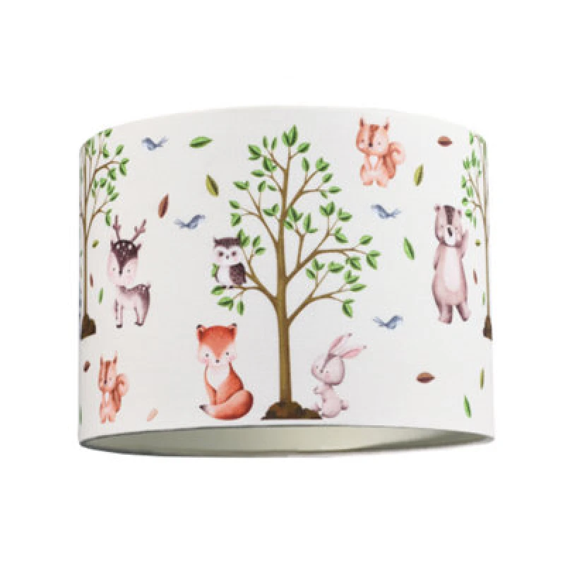 Image of Happy Homewares Cute Woodland Animals Round Lamp Shade In Cotton Fabric - Foxes Owls Rabbits