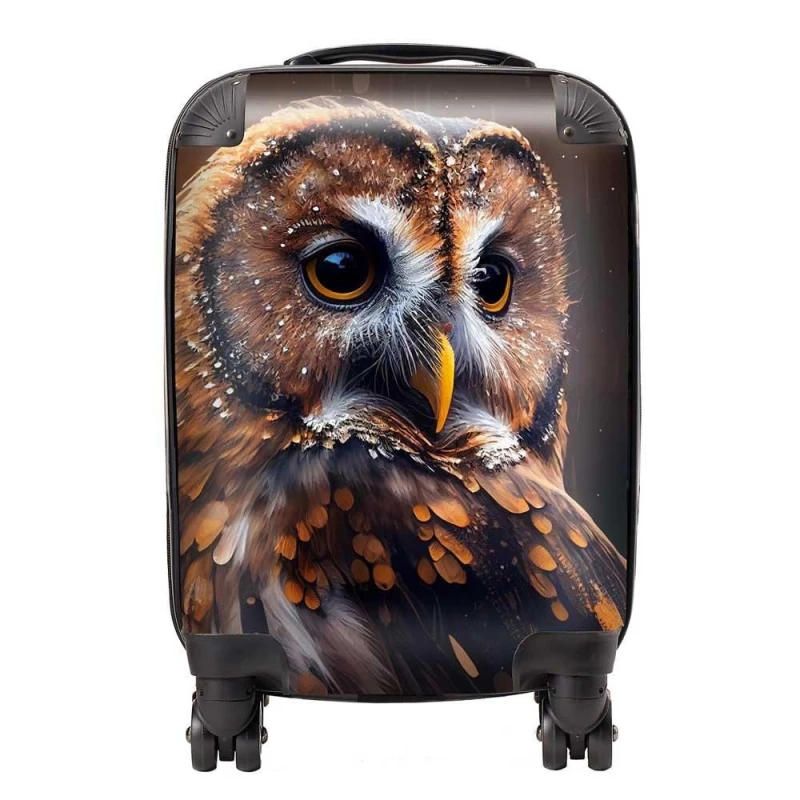 Image of Warren Reed - Designer Tawny Owl Face Splashart Dark Background Suitcase in Brown Size: Medium Brown Unisex Medium