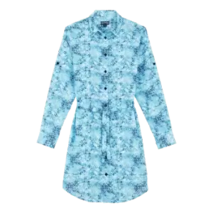 Image of Women Cotton Voile Shirt Dress Flowers Tie & Dye - Florence - Blue - Size M - Vilebrequin
