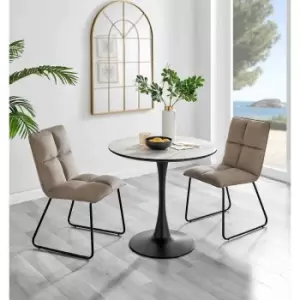 Image of Furniture Box Elina White Marble Effect Round Dining Table and 2 Taupe Menen Chairs