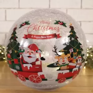 Image of 20cm Battery Operated Twinkling Warm White LED Crackle Effect Ball Christmas Decoration with Santa and Friends in Train