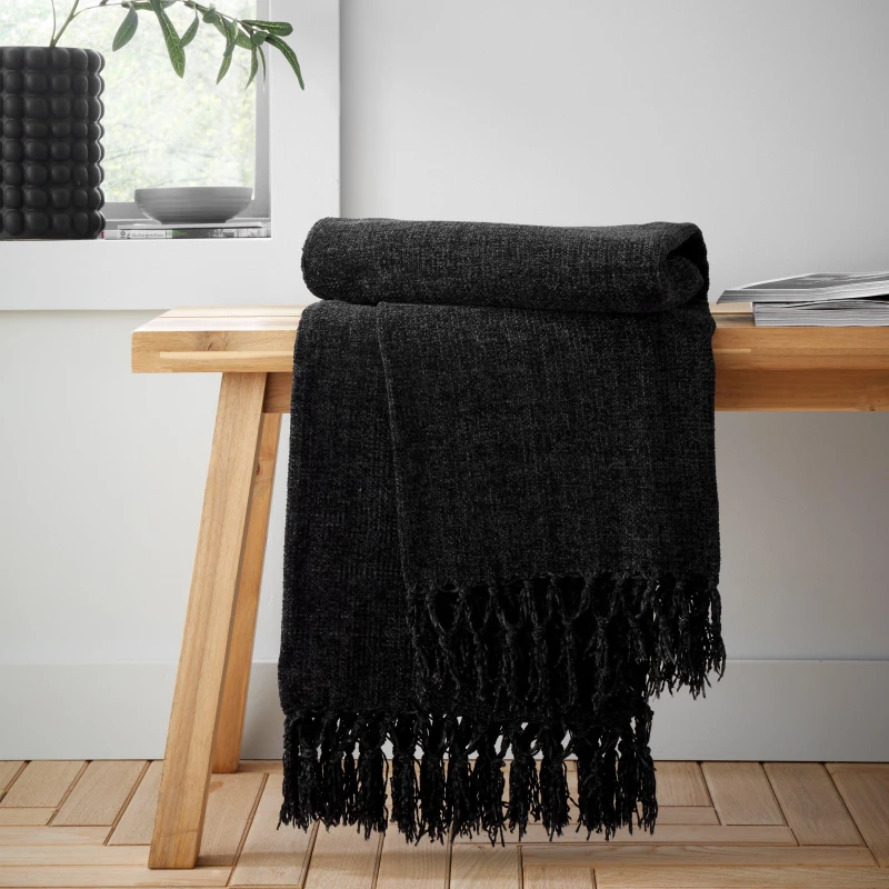 Image of Catherine Lansfield Wilson Plain Chenille Blanket Throw - Black One Size