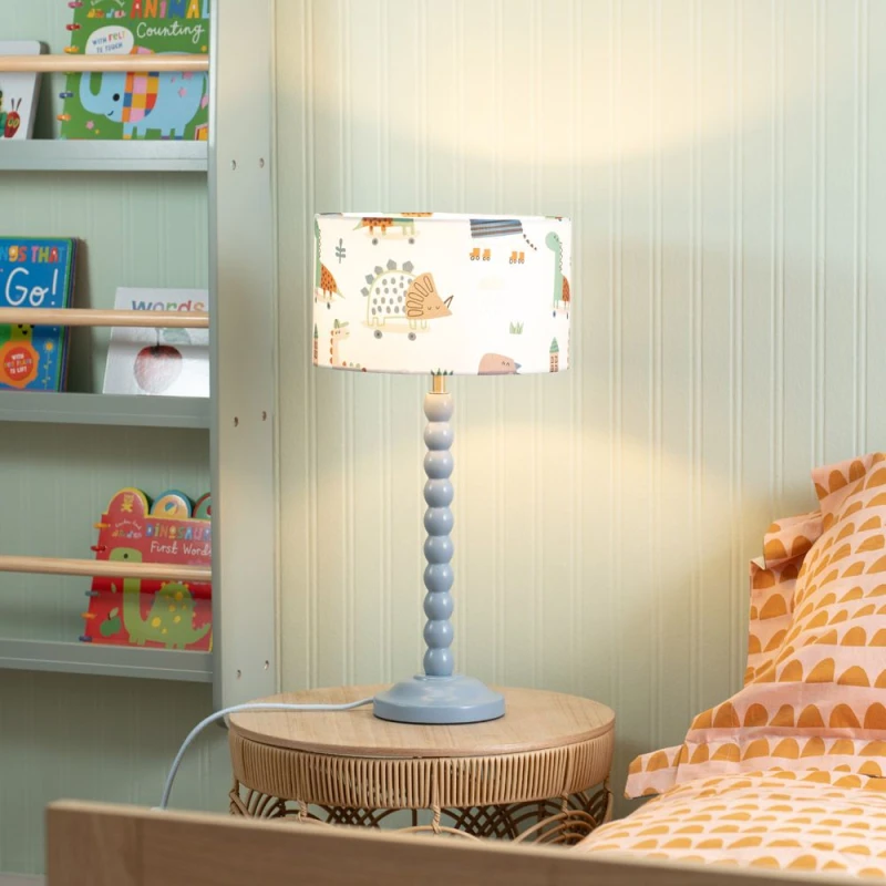 Image of ValueLights Bobbins Powder Blue Table Lamp with Cartoon Dino Drum Lamp Shade with LED Bulb Multi