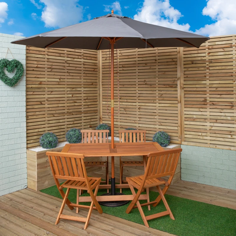 Image of Outdoor 4 Person Folding Rectangular Wooden Garden Dining Table Chairs Grey Parasol and Base Set