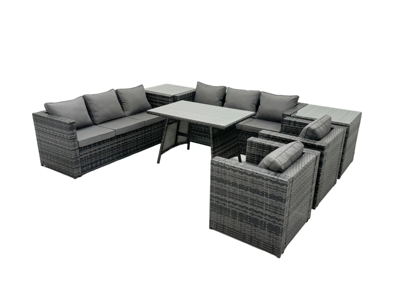 Image of Fimous Rattan Dining Table Sofa Set with 2 Side Tables Outdoor 8 Seat in Dark Grey Dark Grey Unisex