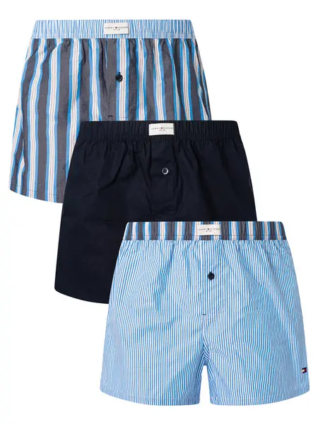 Image of Tommy Hilfiger 3 Pack Woven Boxers Shorts Ithaca/Desert Sky/Shirting Stripe L