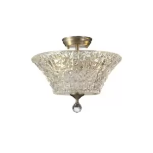 Image of Dresden 2 Light Semi Flush Ceiling Lamp E27 With Round 38cm Patterned Glass Shade Satin Nickel, Clear