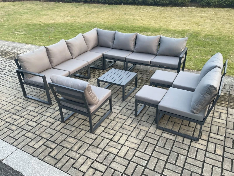 Image of Fimous 12 Seater Outdoor Aluminium Garden Furniture Set Corner Lounge Sofa Set with Square Coffee Table 2 Small Footstools Dark Grey Dark Grey Unisex
