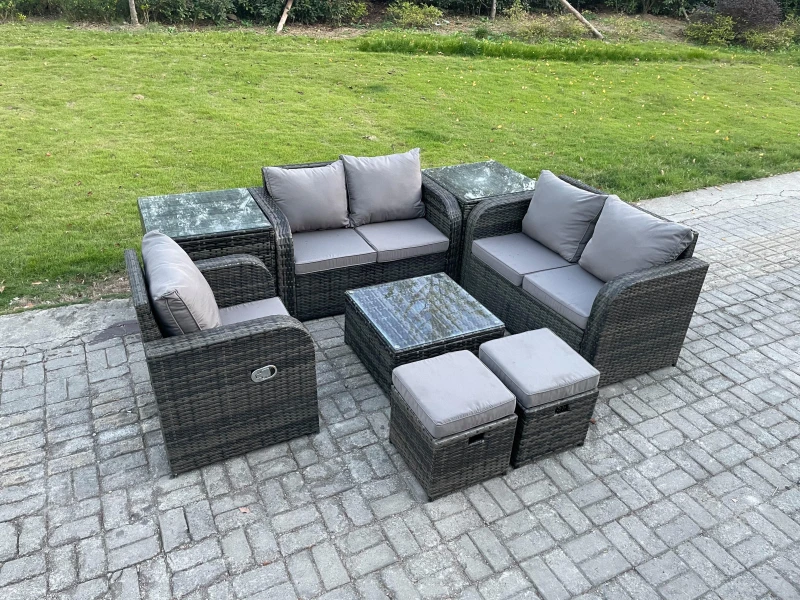 Image of Fimous PE Rattan Garden Furniture Sets Outdoor Love Sofa Chair Set Square Coffee Table 2 Side Tables 2 Small Footstools Dark Grey