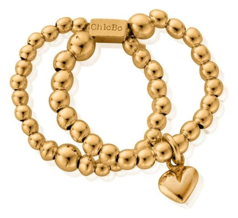 Image of ChloBo GR2D4014 Mini Puffed Heart Gold-Plated Double Ring - Jewellery