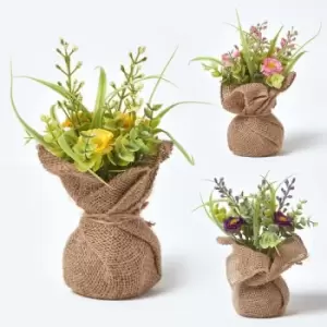 Image of Set of 3 Pink, Purple & Yellow Artificial Daisies in Rustic Burlap Pots - Homescapes