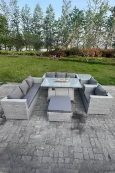 Image of Fimous 8 Seater Outdoor Light Grey Rattan Lounge Complete Sofa Set with Gas Fire Pit and Big Footstool