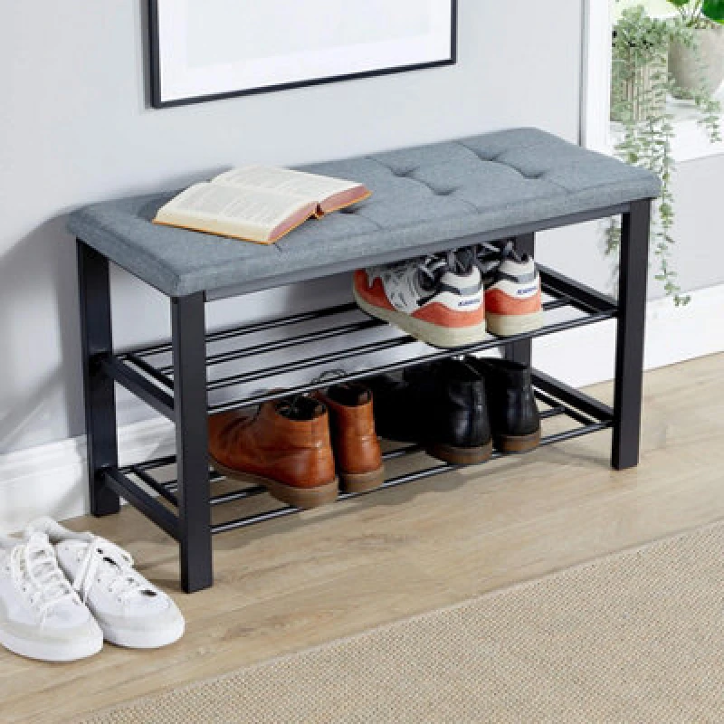 Image of Home Source Metal Shoe Bench with Storage Shelf Grey