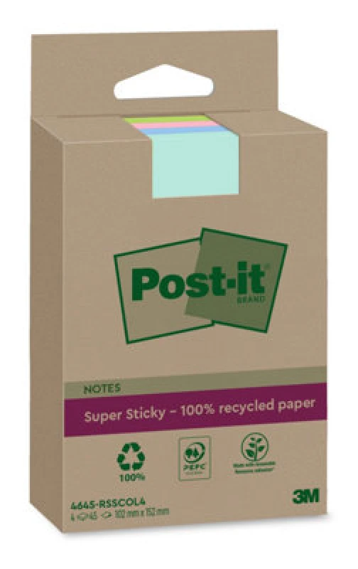 Image of Post-it Super Sticky Recycled Notes 45 Sheets 102x152mm Lined Assorted (4 Pack) 4645-RSSCOL4